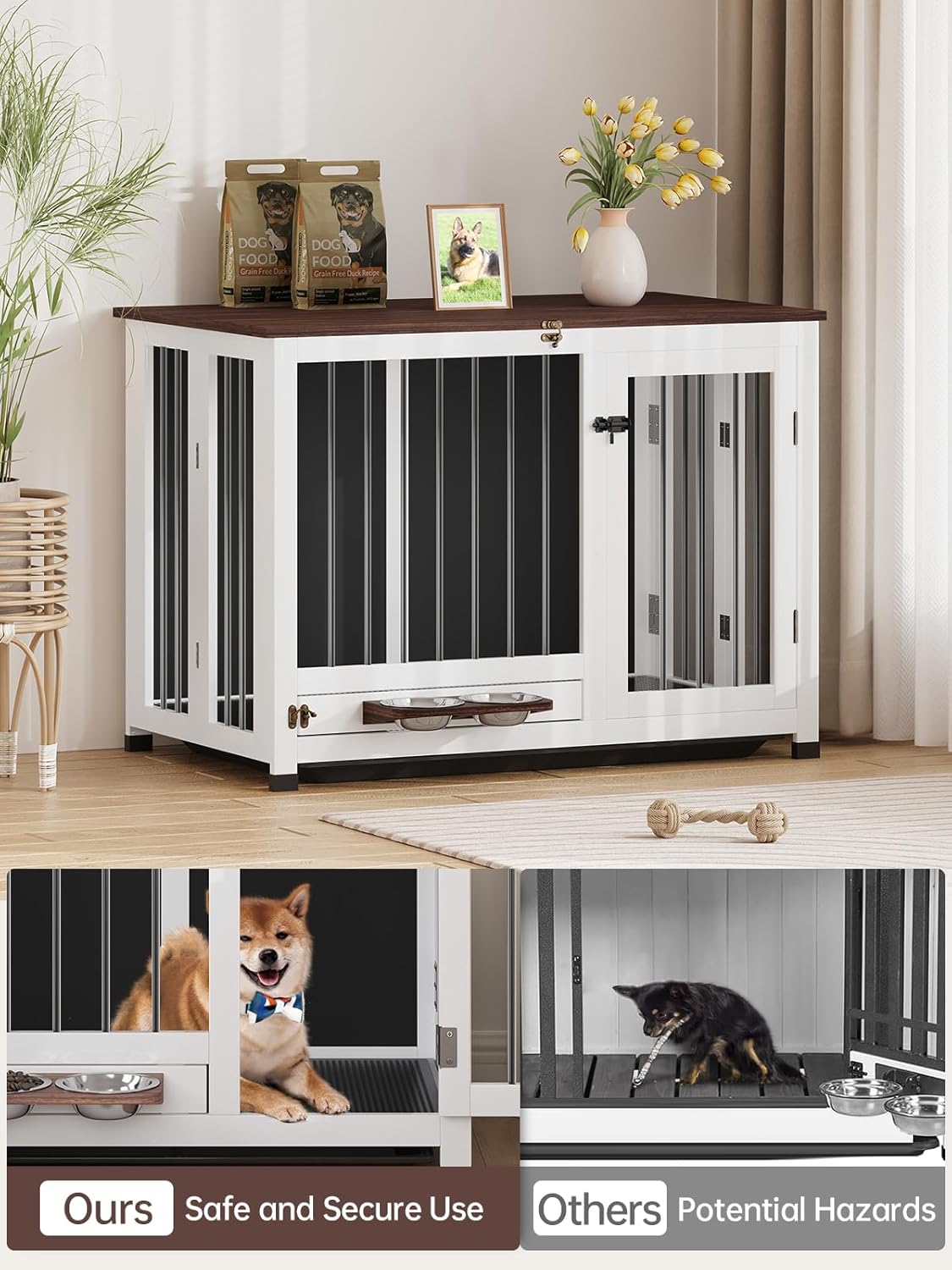 🐾Dog Crate Furniture, Dog Kennel Indoor Foldable and Portable, Sturdy Wooden Dog Crate End Table Easy Assembly with 360° Rotating Feeder and Detachable Tray for Dogs and Cats of All Sizes