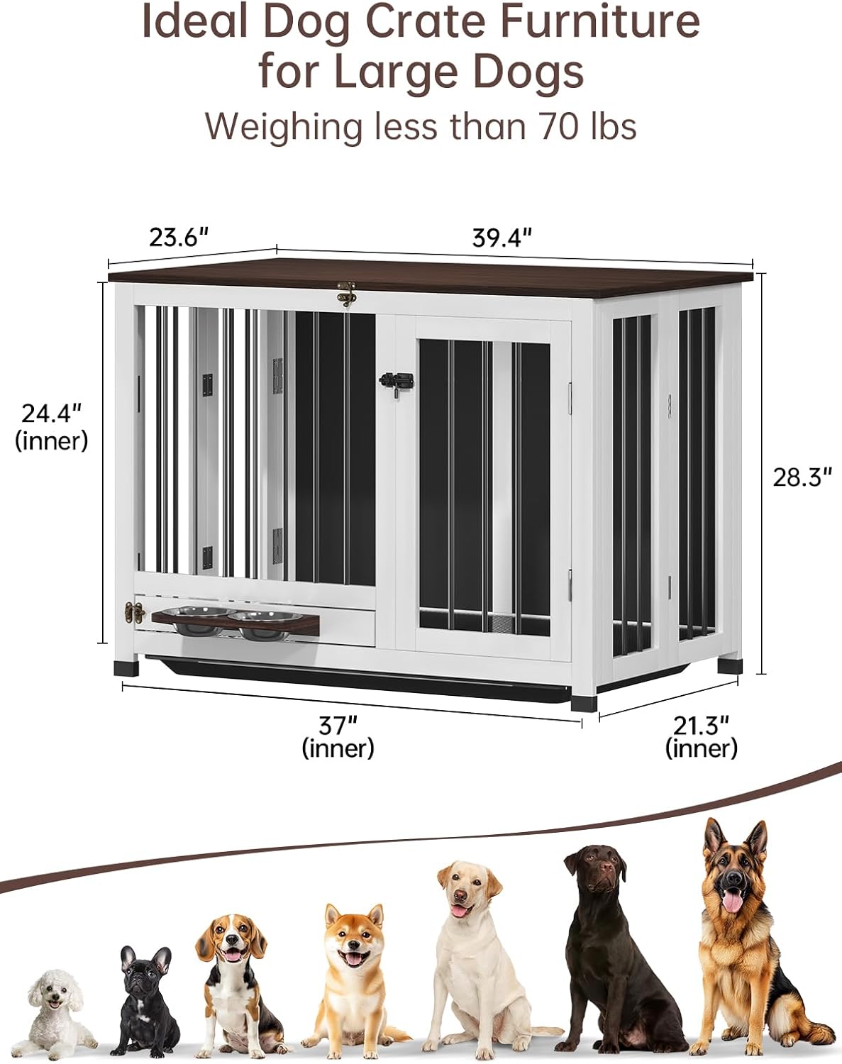 🐾Dog Crate Furniture, Dog Kennel Indoor Foldable and Portable, Sturdy Wooden Dog Crate End Table Easy Assembly with 360° Rotating Feeder and Detachable Tray for Dogs and Cats of All Sizes