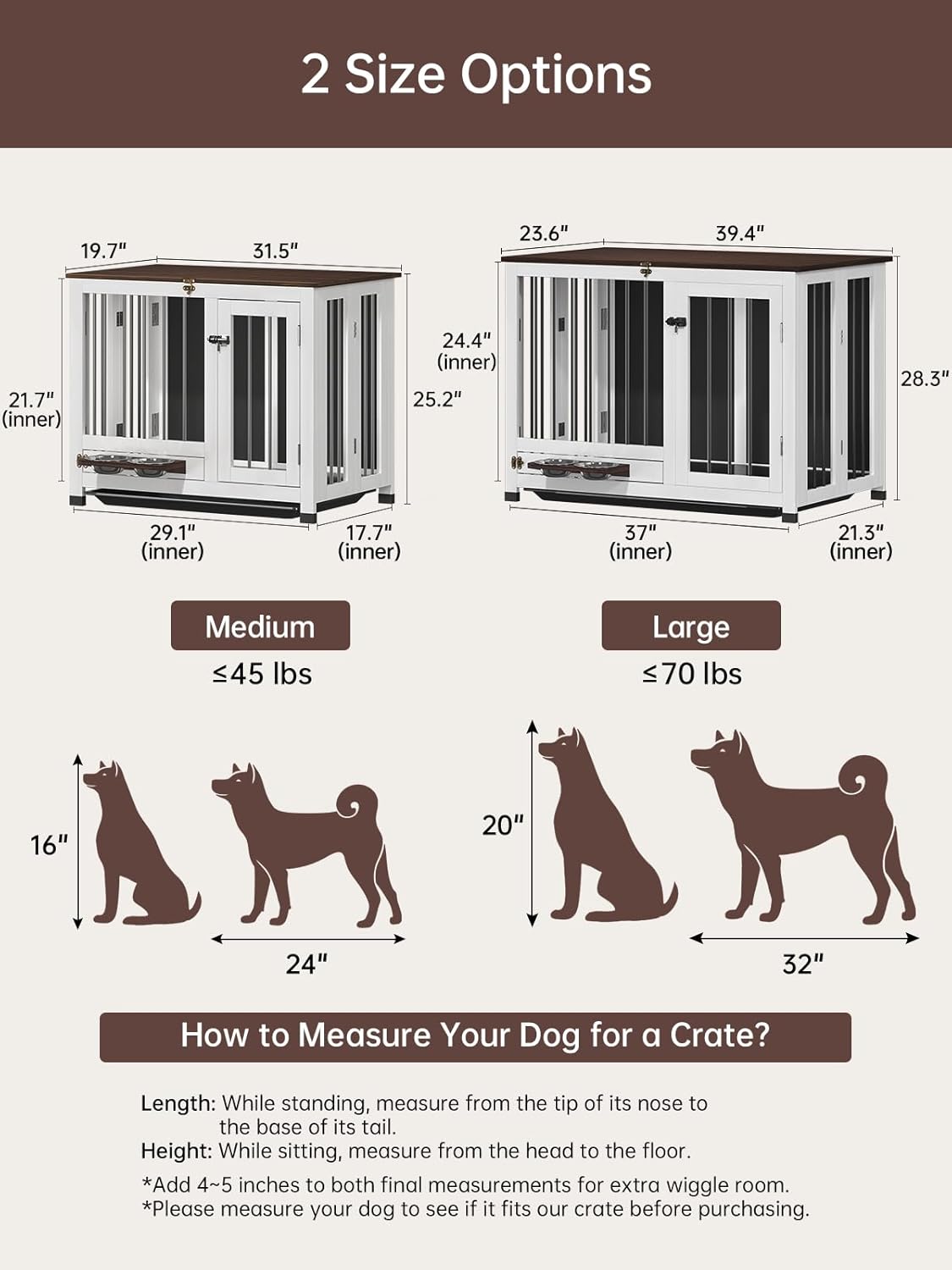 🐾Dog Crate Furniture, Dog Kennel Indoor Foldable and Portable, Sturdy Wooden Dog Crate End Table Easy Assembly with 360° Rotating Feeder and Detachable Tray for Dogs and Cats of All Sizes