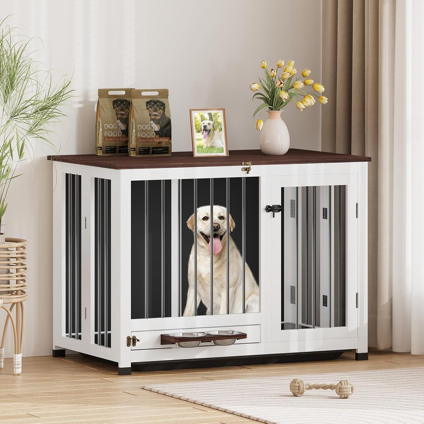 🐾Dog Crate Furniture, Dog Kennel Indoor Foldable and Portable, Sturdy Wooden Dog Crate End Table Easy Assembly with 360° Rotating Feeder and Detachable Tray for Dogs and Cats of All Sizes