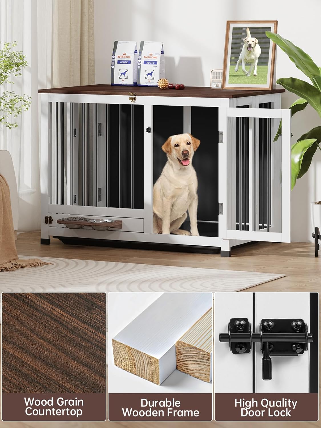 🐾Dog Crate Furniture, Dog Kennel Indoor Foldable and Portable, Sturdy Wooden Dog Crate End Table Easy Assembly with 360° Rotating Feeder and Detachable Tray for Dogs and Cats of All Sizes