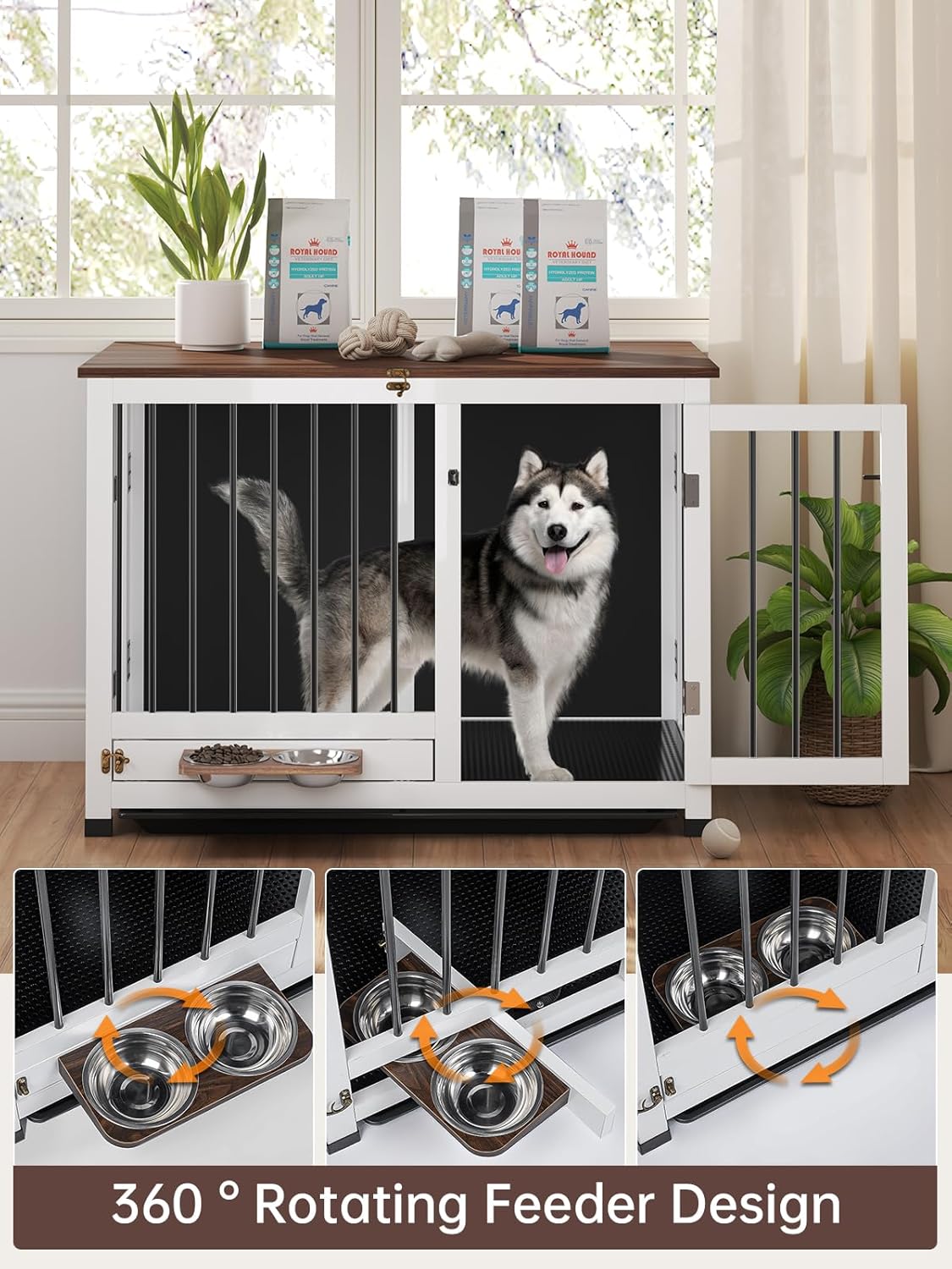 🐾Dog Crate Furniture, Dog Kennel Indoor Foldable and Portable, Sturdy Wooden Dog Crate End Table Easy Assembly with 360° Rotating Feeder and Detachable Tray for Dogs and Cats of All Sizes